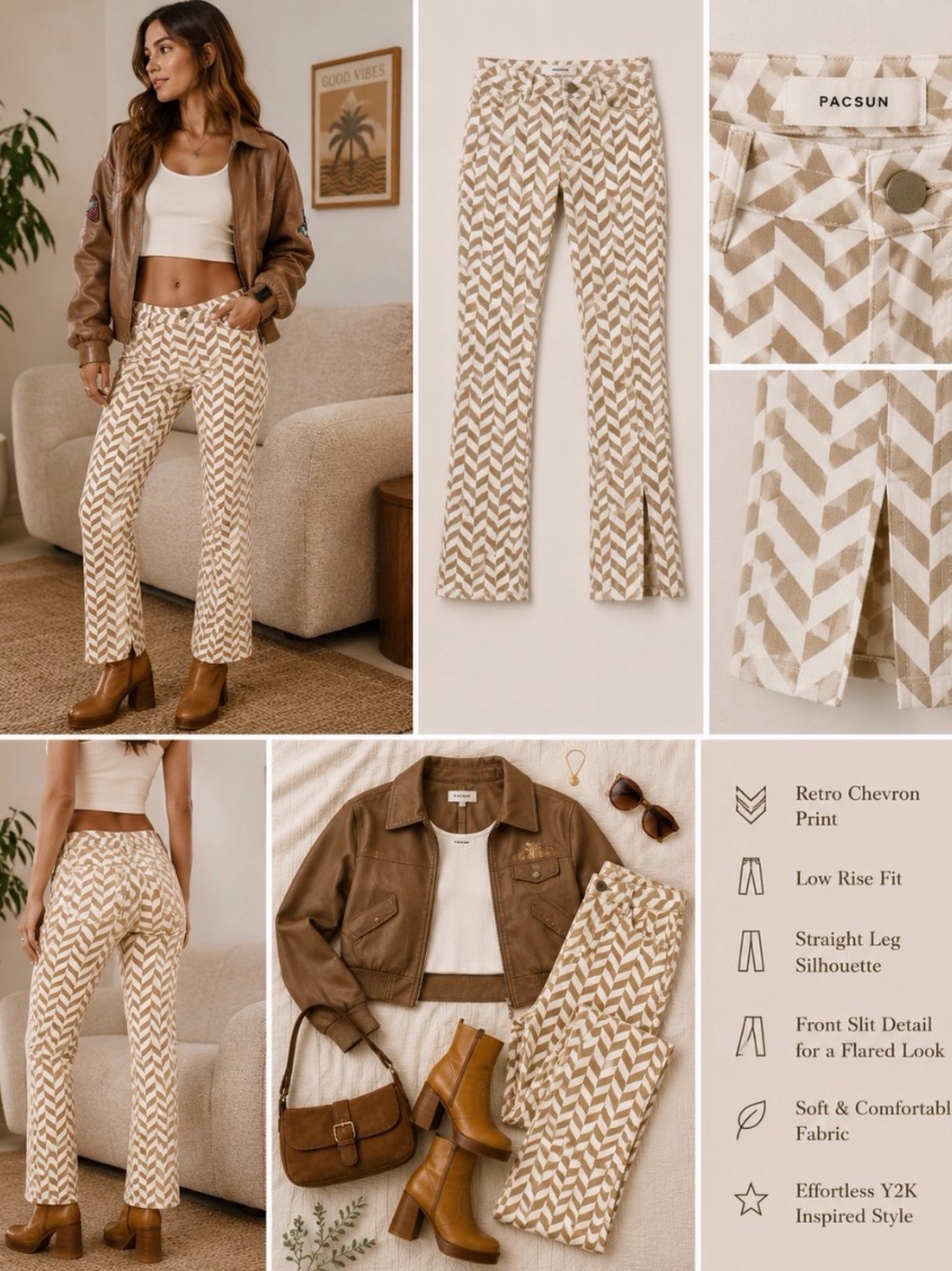 PacSun NWOTWomen Low Rise Straight Leg Chevron Print Retro Jeans Brown …